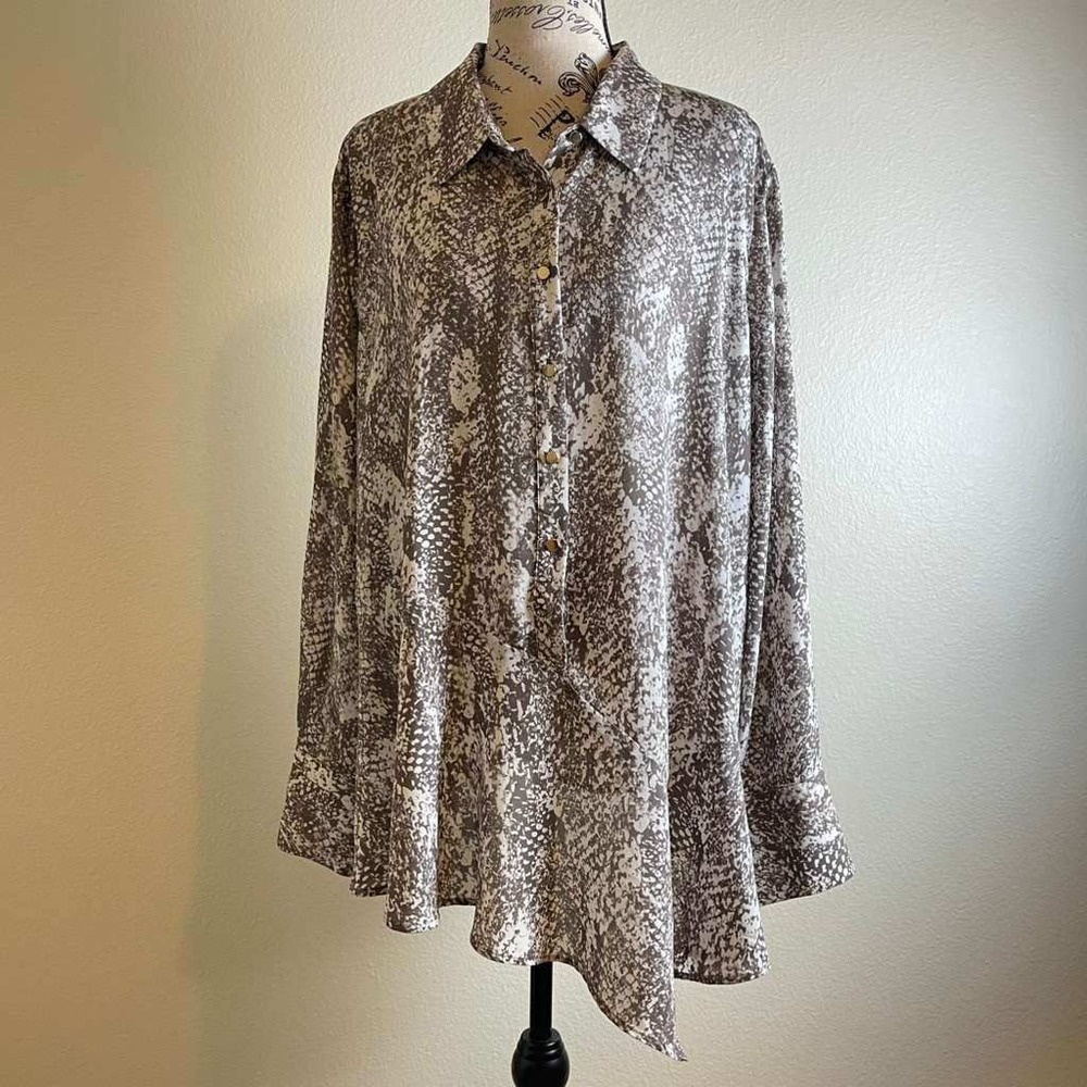 Susan Graver XL Snakeskin Print Asymmetrical Tunic Blouse Brown Long Sleeve